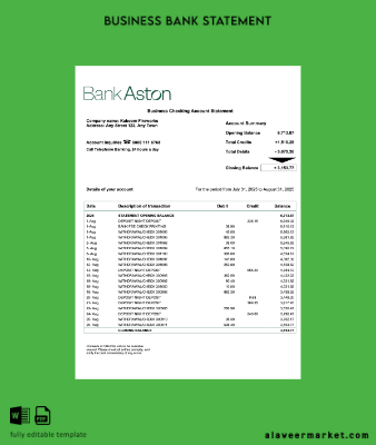 United Kingdom Banka of Aston corporate account Hesap Özeti Word and PDF Şablon