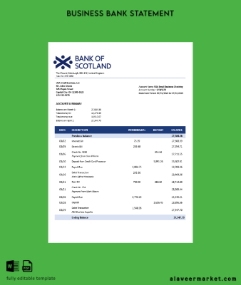 United Kingdom Banka of Scotland İşletme checking account Hesap Özeti Word and PDF Şablon