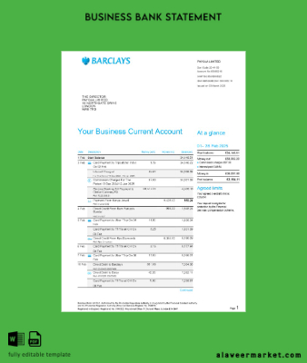 United Kingdom Barclays İşletme Banka Hesap Özeti Şablon in PSD 6 pages