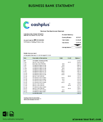 United Kingdom Cashplus corporate account Hesap Özeti Word and PDF Şablon