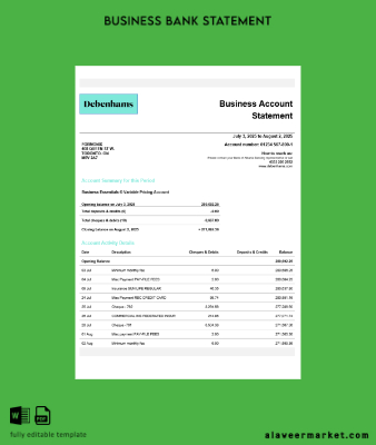 United Kingdom Debenhams İşletme checking account Hesap Özeti Word and PDF Şablon