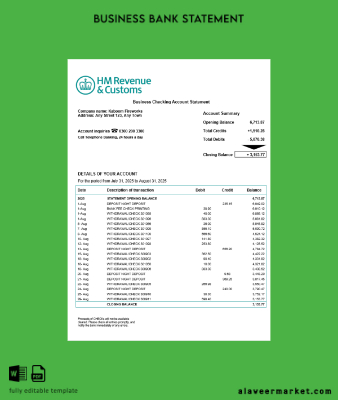 United Kingdom HM Revenue & Customs enterprise Hesap Özeti Word and PDF Şablon