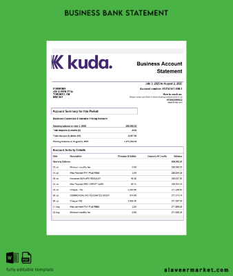 United Kingdom Kuda enterprise account Hesap Özeti Word and PDF Şablon