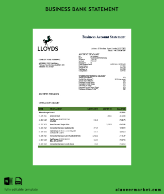 United Kingdom Lloyds organization Hesap Özeti Word and PDF Şablon
