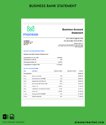 United Kingdom Monese firm account Hesap Özeti Word and PDF Şablon