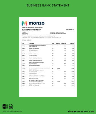 United Kingdom Monzo enterprise Hesap Özeti Word and PDF Şablon