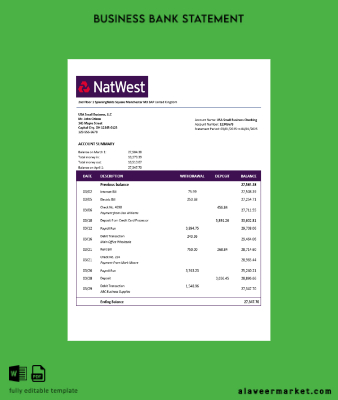 United Kingdom NatWest firm account Hesap Özeti Word and PDF Şablon