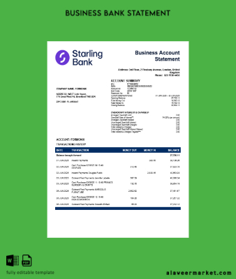United Kingdom Starling enterprise Hesap Özeti Word and PDF Şablon
