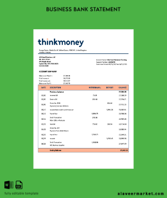 United Kingdom Think Money firm checking account Hesap Özeti Word and PDF Şablon