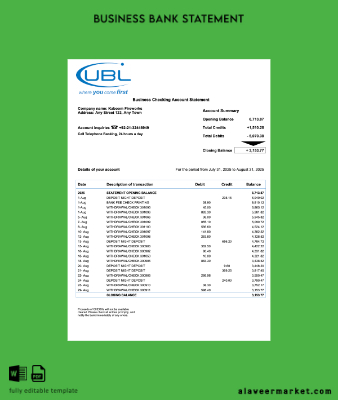 United Kingdom United Banka Ltd (UBL) Şirket checking account Hesap Özeti Word and PDF Şablon