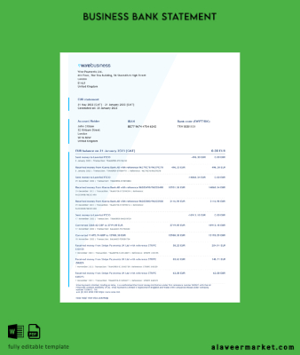 United Kingdom Wise İşletme Banka Hesap Özeti Word and PDF Şablon