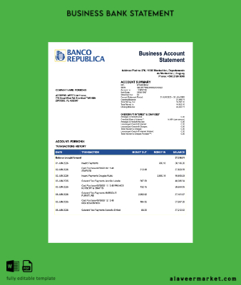 Uruguay Banco De La Republica Oriental Del Uruguay corporate checking account Hesap Özeti Word and PDF Şablon