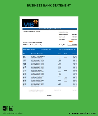 VIB Banka İşletme checking account Hesap Özeti Word and PDF Şablon