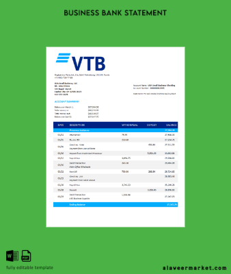 VTB Banka firm account Hesap Özeti Word and PDF Şablon