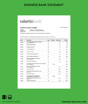 Valartis organization checking account Hesap Özeti Word and PDF Şablon (1)