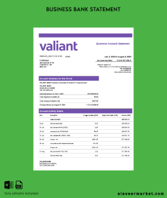Valiant Banka enterprise account Hesap Özeti Word and PDF Şablon