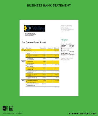 Valley National Banka İşletme Hesap Özeti Word and PDF Şablon