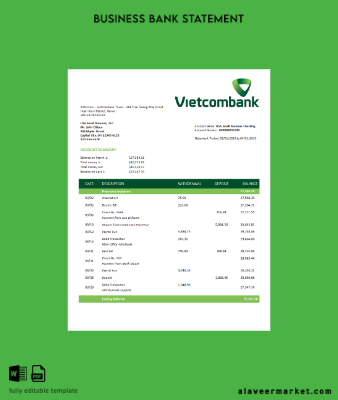 Banka İşletme Hesap Özeti Word and PDF Şablon