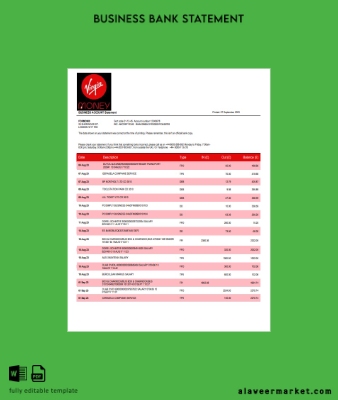 Virgin Money Banka firm account Hesap Özeti Word and PDF Şablon
