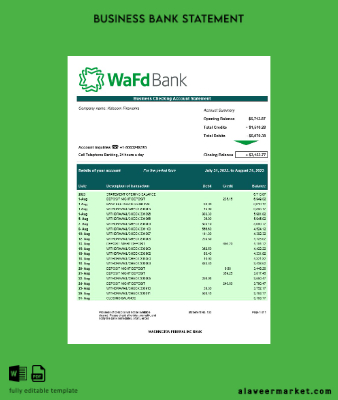 Washington Federal Inc Banka İşletme checking account Hesap Özeti Word and PDF Şablon