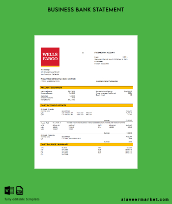 Wells Fargo İşletme account Hesap Özeti Word and PDF Şablon