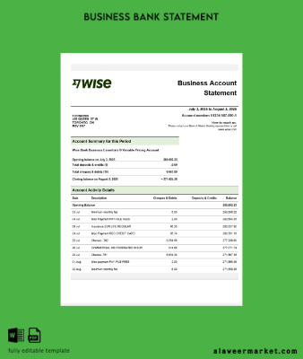 Wise Şirket checking account Hesap Özeti Word and PDF Şablon