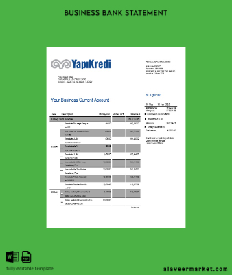 Yapi Kredi Banka organization account Hesap Özeti Word and PDF Şablon