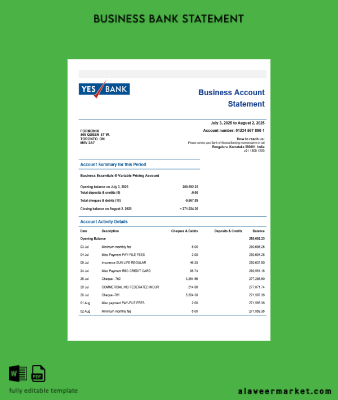 Yes Banka Şirket checking account Hesap Özeti Word and PDF Şablon