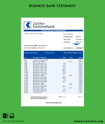 Zürcher Banka İşletme Hesap Özeti Word and PDF Şablon