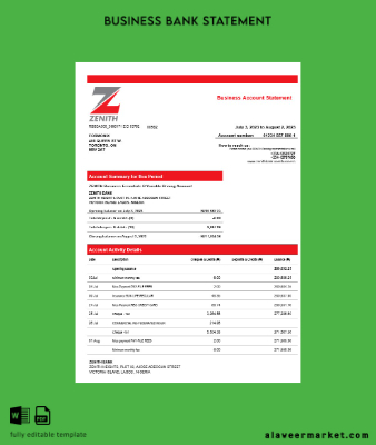 Zenith Banka İşletme checking account Hesap Özeti Word and PDF Şablon