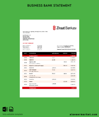 Ziraat Banka İşletme checking account Hesap Özeti Word and PDF Şablon