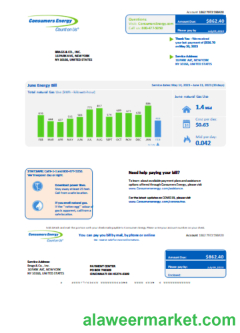 Michigan Consumers Energy business utility bill, Word and PDF template SCR