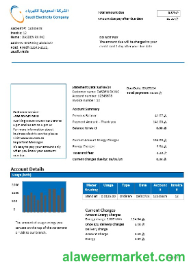 Saudi Arabia Saudi Electricity Company electricity business utility bill template in Word and PDF formats