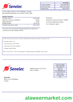 Senelec Agence Sacr_ Coeur Company electricity utility business bill, SCR