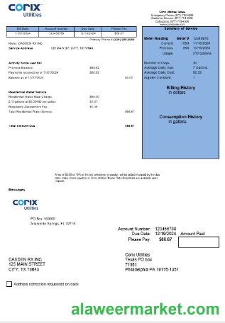 USA Corix Utilities business utility bill template in Word and PDF formats
