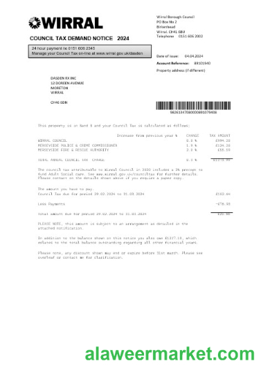 United Kingdom Wirral council tax business utility bill template in Word and PDF formats