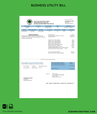 USA Michigan City of Ann Arbor Su Utilities İşletme Fatura Fatura Şablon in Word and PDF formats