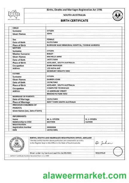 Australia Australian Capital Territory birth certificate template in Word format, version 1
