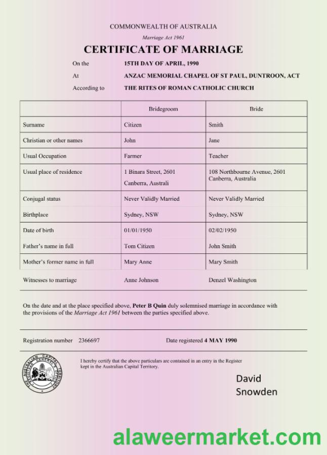Australia Commonwealth of Australia marriage certificate Word and pdf format