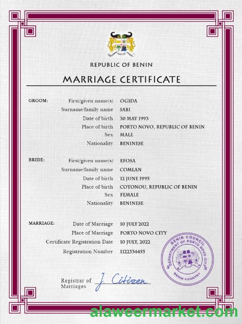 Benin marriage certificate PSD template