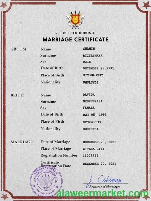 Burundi marriage certificate PSD template