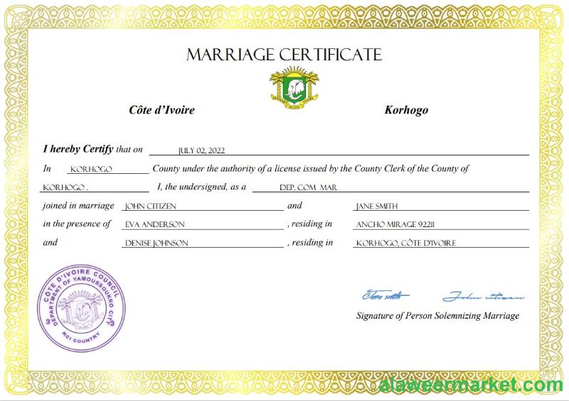 Cote d_Ivoire marriage certificate Word and PDF template