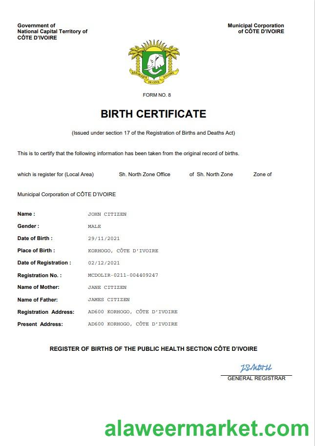 Cote d_Ivoire vital record birth certificate Word and PDF template