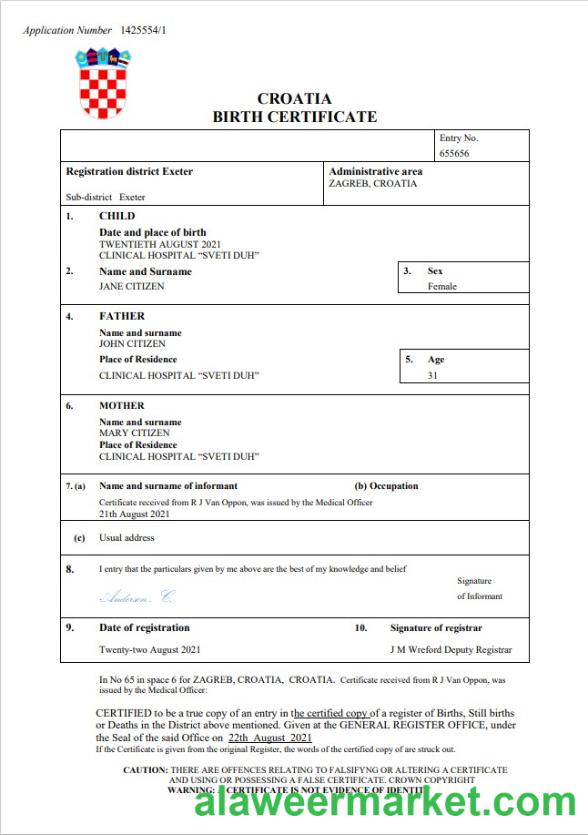 Croatia birth certificate Word and PDF template