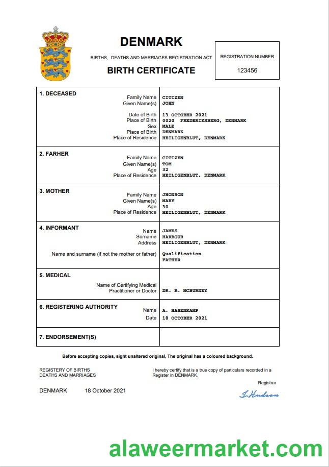 Denmark vital record birth certificate Word and PDF template