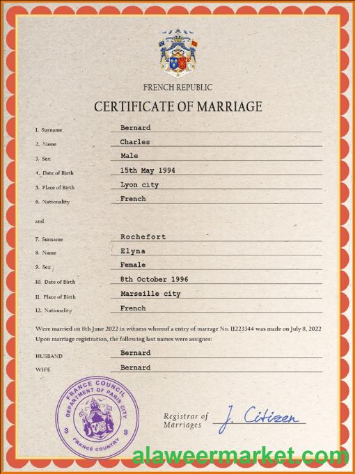 France marriage certificate PSD template