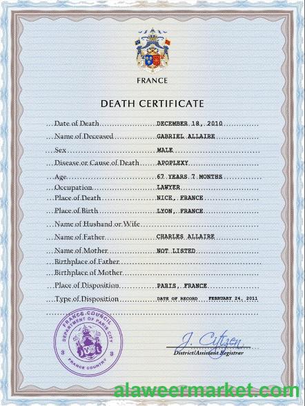 France vital record death certificate PSD template