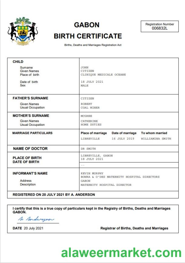 Gabon vital record birth certificate Word and PDF template