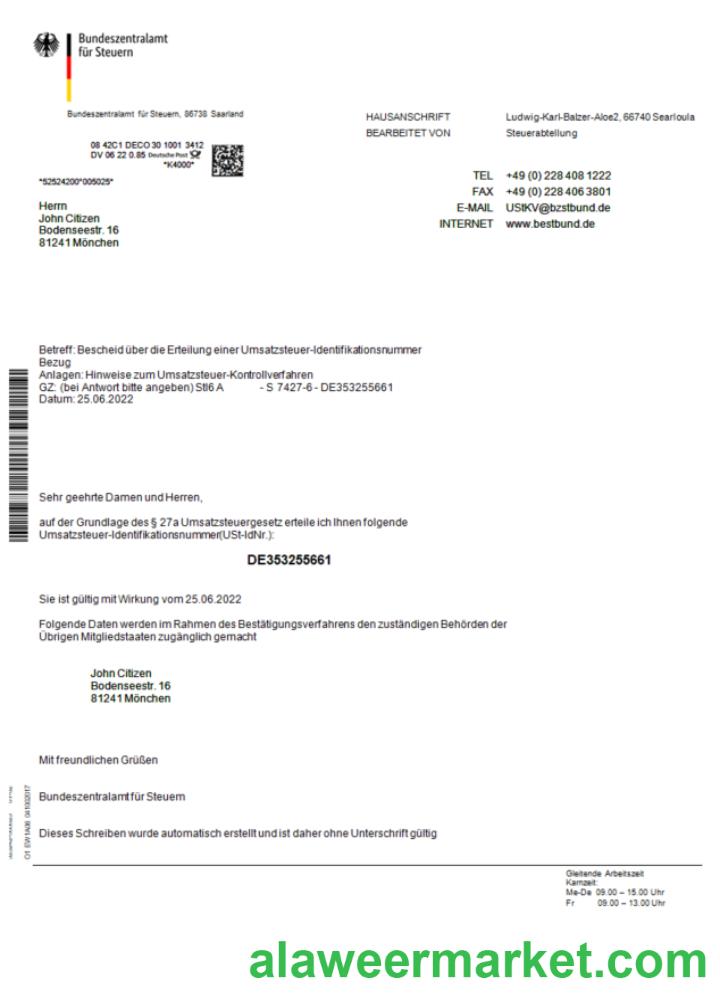 Germany Bundeszentralamt f_r Steuem certificate Word and PDF template