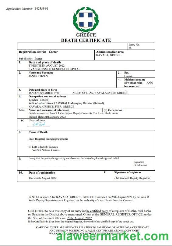 Greece death certificate Word and PDF template